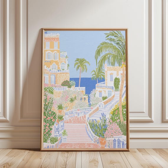 Mediterranean Steps Wall Art Print Yellow Villa Coastal Garden Architecture Poster Summer Travel Print