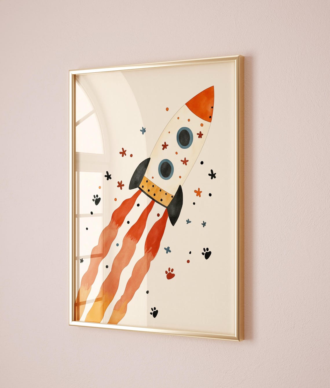 Cute Watercolor Rocket Ship Outer Space Kids Room Nursery Poster