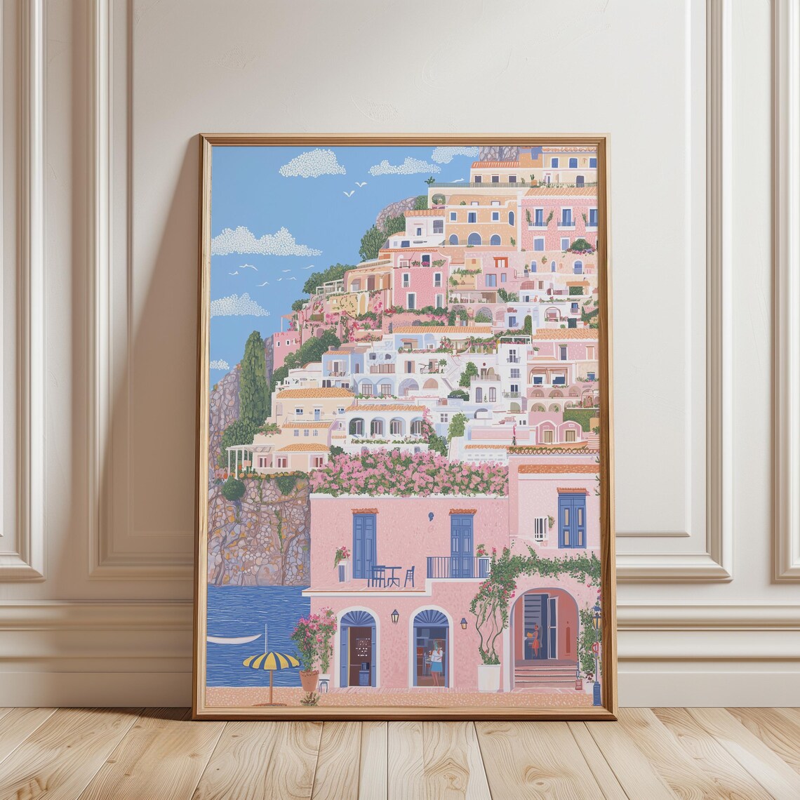 Amalfi Coast Pink Cliffside Village Mediterranean Summer Poster