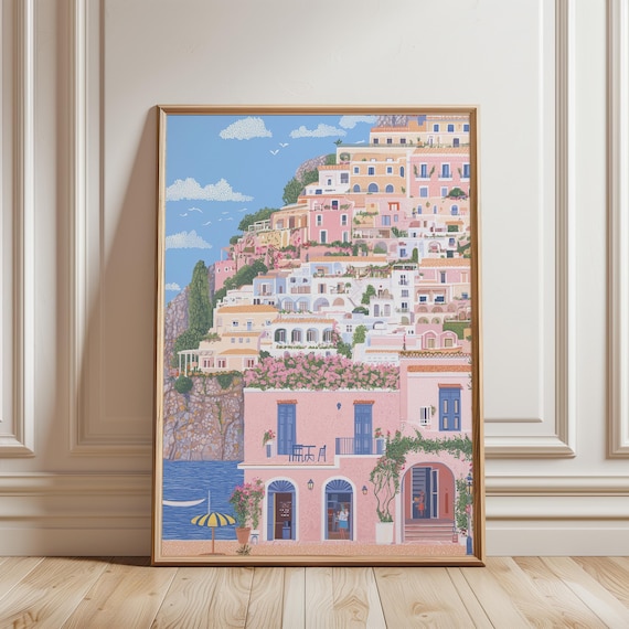 Amalfi Coast Pink Cliffside Village Mediterranean Summer Poster