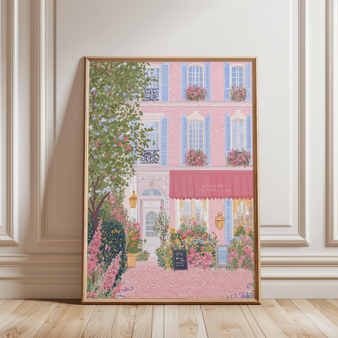 Parisian Pink Cafe Building Blue Shutters Flowers Romantic Poster