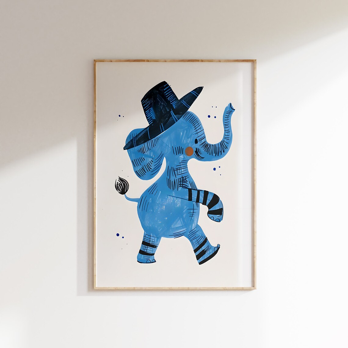 Dancing Blue Elephant Wearing Top Hat Whimsical Kids Nursery Art Poster - Image 2