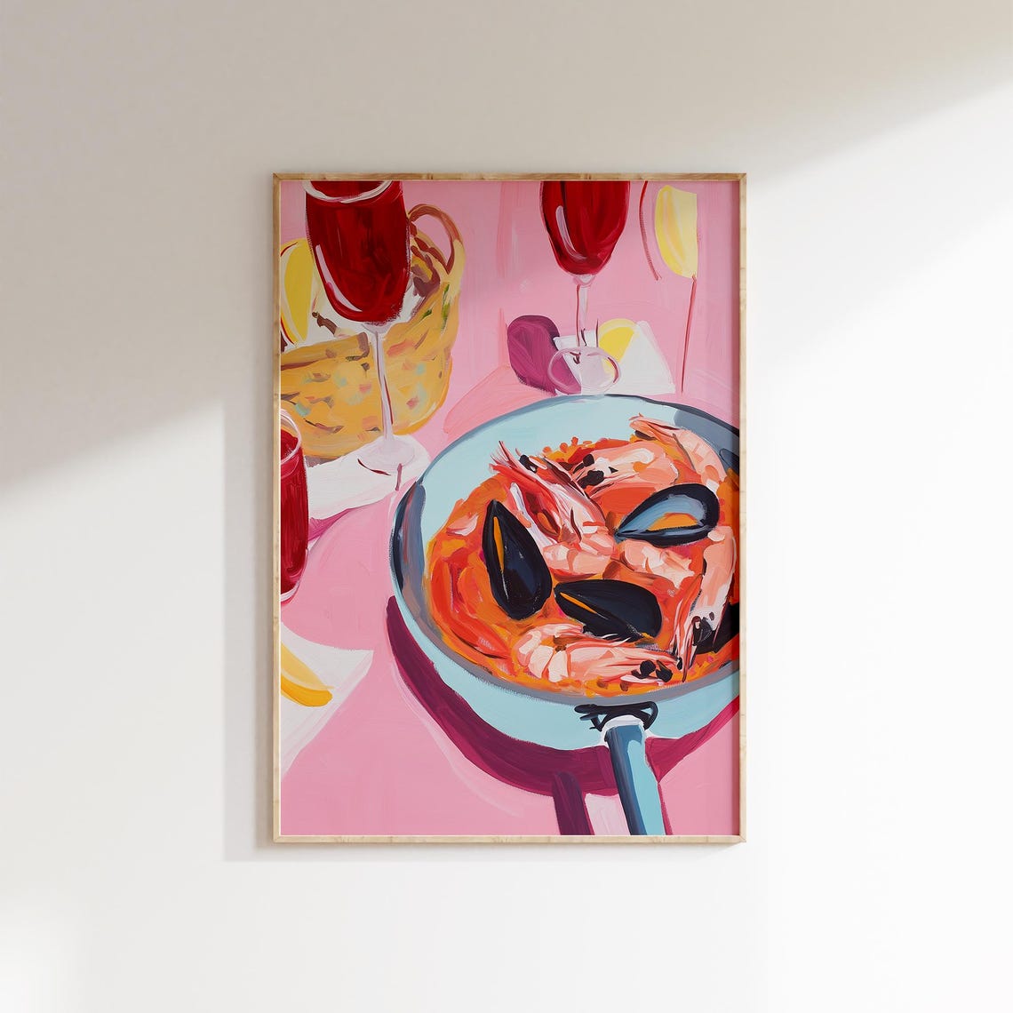 Seafood Paella Prawns Mussels Red Wine Glasses Pink Kitchen Poster - Image 4