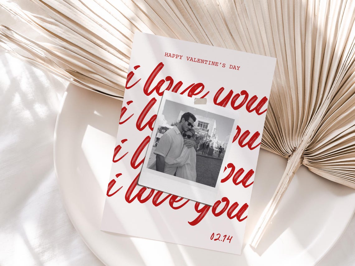 Personalized Valentine Photo Card I Love You Script Red Polaroid Print - Image 2