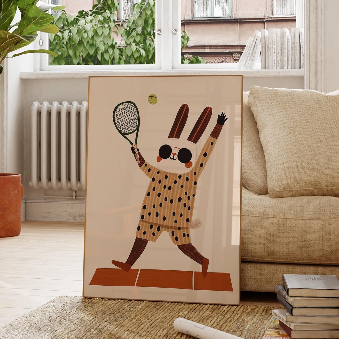 Tennis Bunny Sunglasses Polka Dot Outfit Kids Sports Nursery Wall Art Print - Image 2