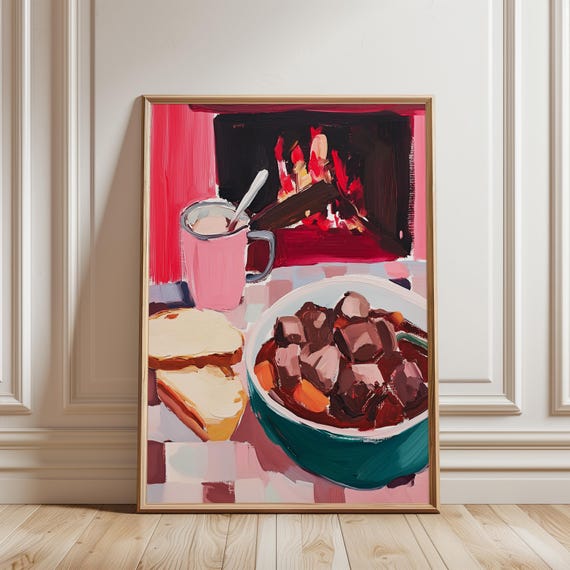 Cozy Winter Kitchen Wall Art Hot Chocolate Print Maximalist Food Decor Modern Pink Red Kitchen Art