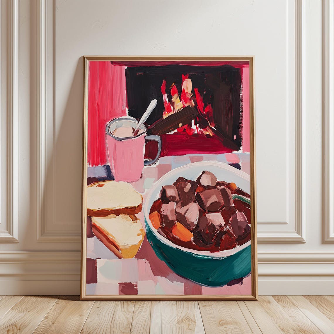 Cozy Winter Kitchen Wall Art Hot Chocolate Print Maximalist Food Decor Modern Pink Red Kitchen Art