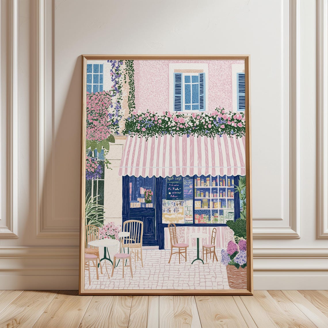 French Cafe Storefront Pink Awning Flower Terrace Bistro Table Poster