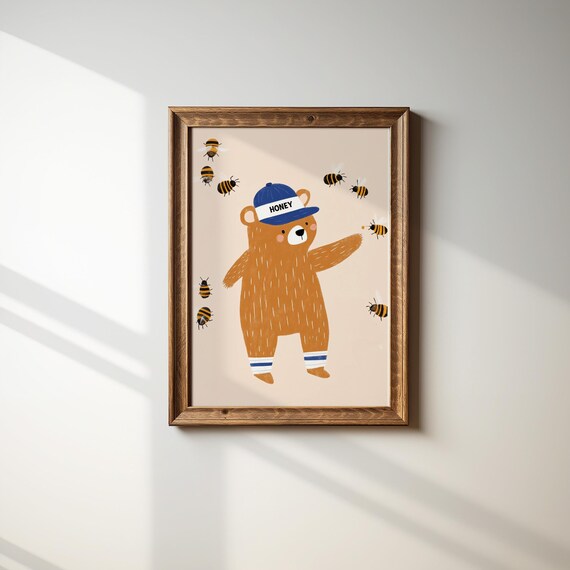 Happy Bear With Honey Hat Kids Room Print Surrounded By Cute Busy Bees