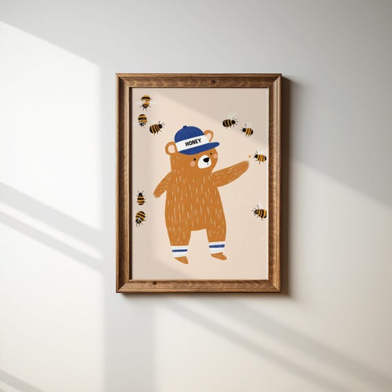 Playful Bear And Bees Art Print Honey Bear Nursery Wall Art Cute Kids Room Decor Woodland Animal Art Toddler Room