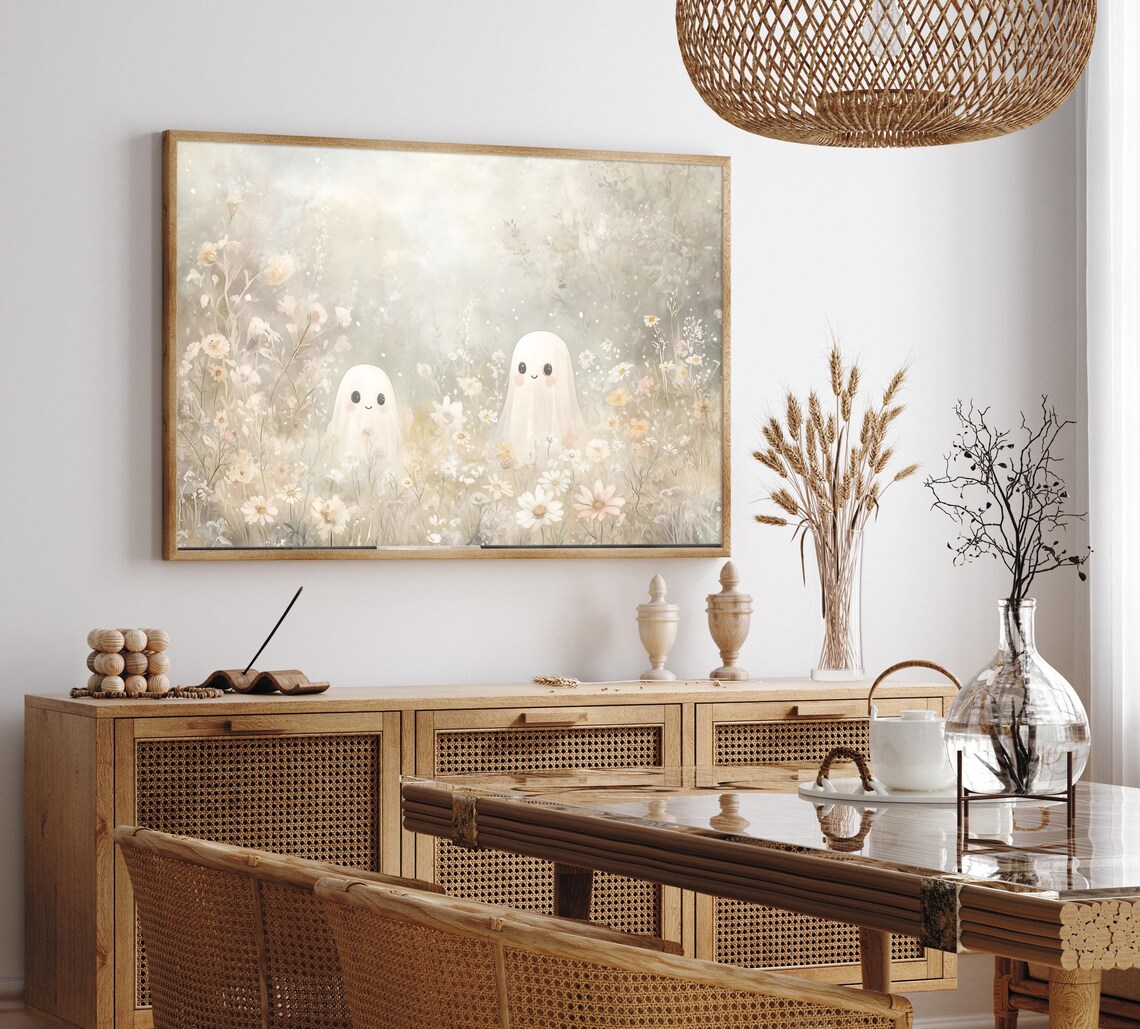 Two Pastel Ghosts in a Dreamy Wildflower Meadow Whimsical Fall Art Poster - Image 2