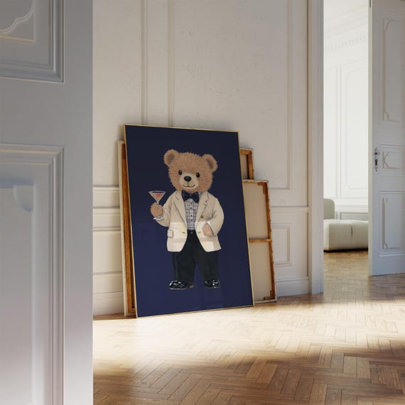 Teddy Bear Wall Art Preppy Nursery Decor Baby Room Print Retro Kids Room Poster Vintage Animal Art Instant