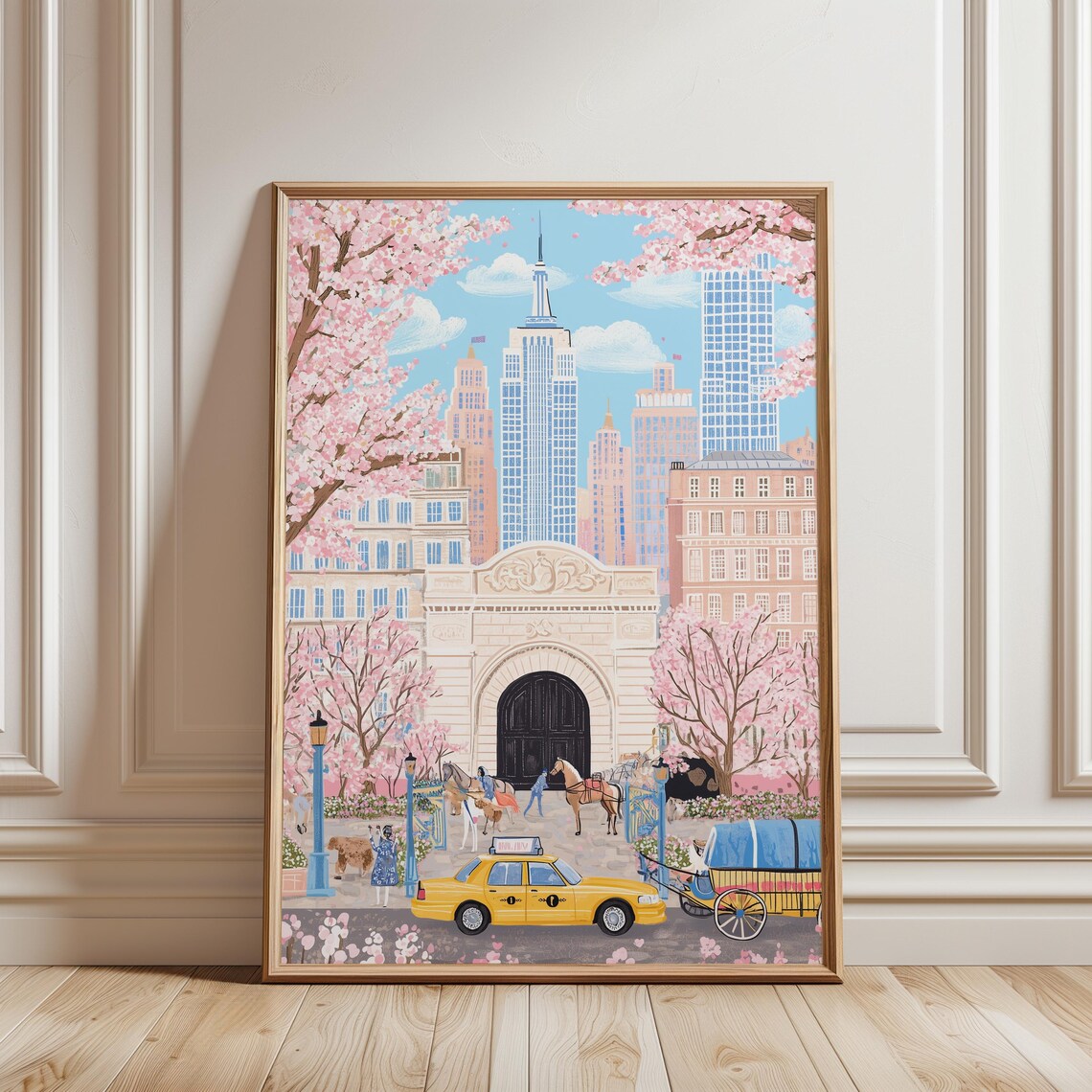 New York City Spring Cherry Blossom Yellow Taxi Carriage Poster