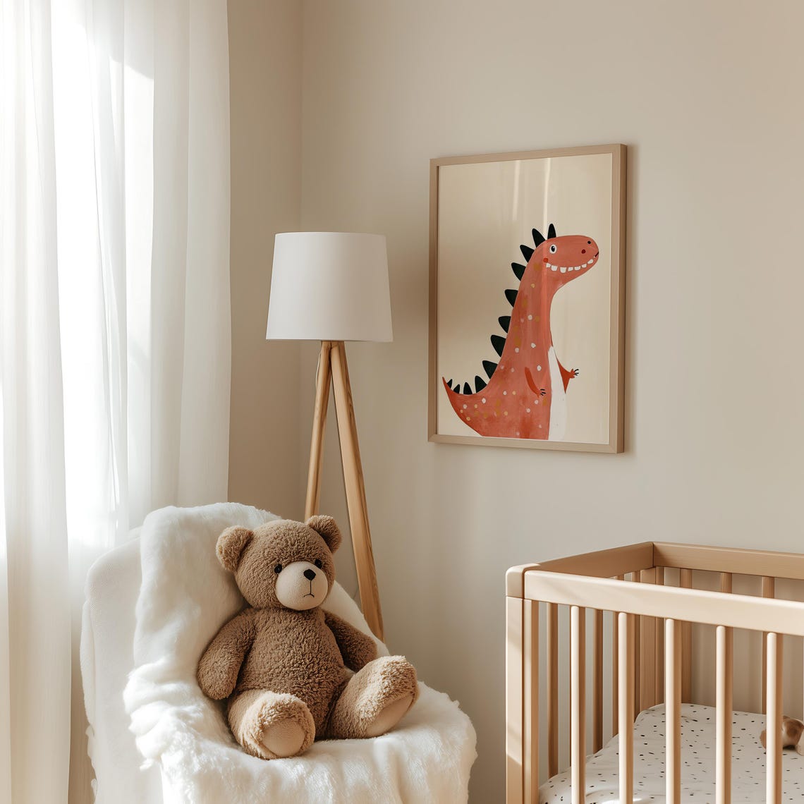 Coral Spiky Dinosaur Watercolor Cute Kids Dino Nursery Room Poster - Image 3
