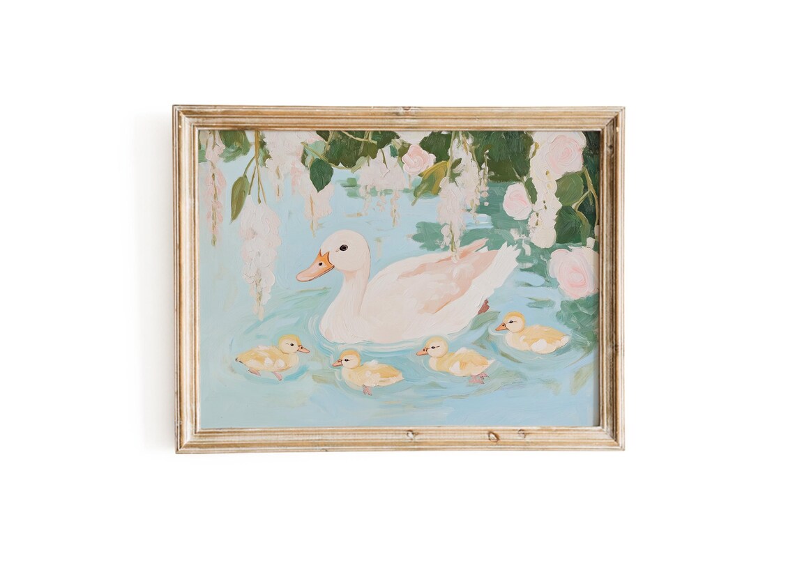 Mother Duck With Four Ducklings Blossom Pond Oil Painting Poster