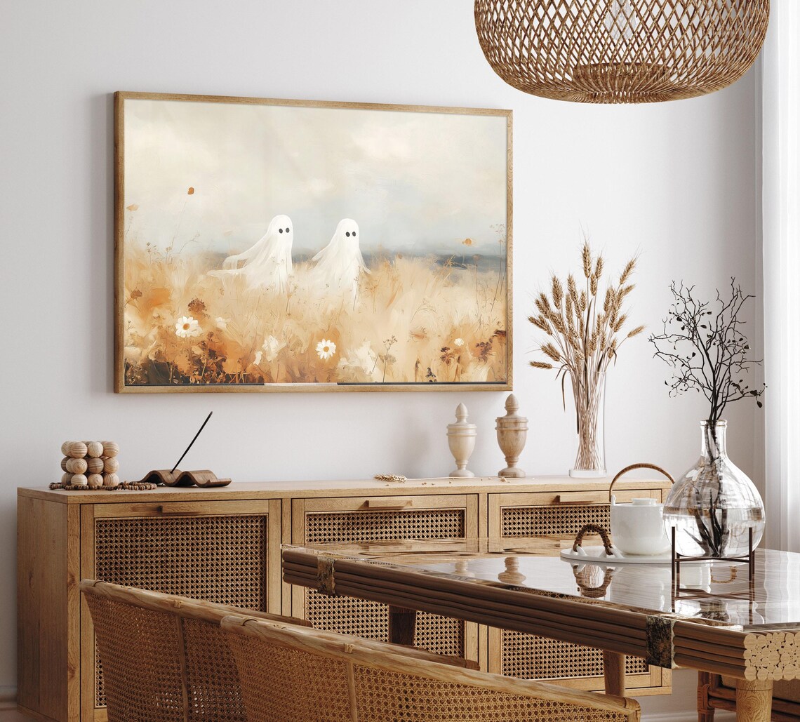 Two Cute Ghosts Drifting Through a Golden Autumn Wheat Field Art Poster - Image 2
