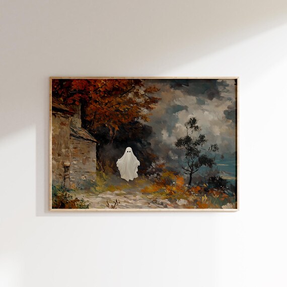 Ghostly Figure in Haunted Landscape Art Poster Vintage Halloween