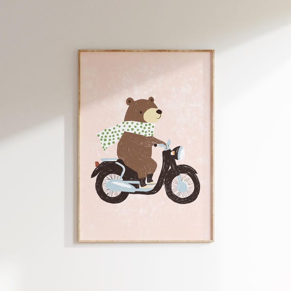 Bear On A Scooter Print Nursery Animal Poster Kids Room Decor Bear Art Print Cute Animal Illustration For Baby Room