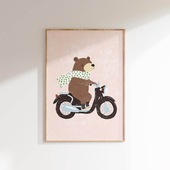 Playful Bear Riding Scooter With Flying Scarf Nursery Poster