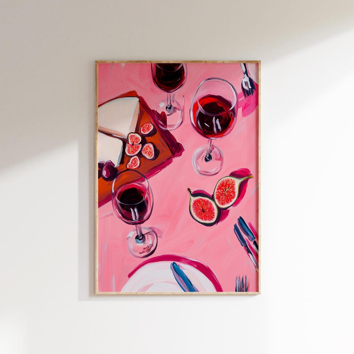 Pink Table Wine Glasses Figs Cheese Board Cheerful Dinner Art Poster