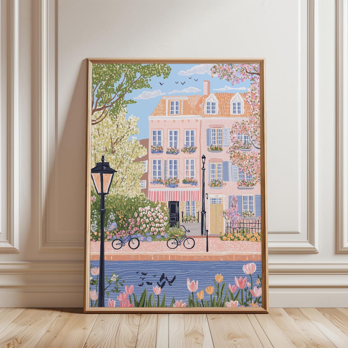 Amsterdam Canal Spring Tulips Bicycles Pink Houses Netherlands Poster