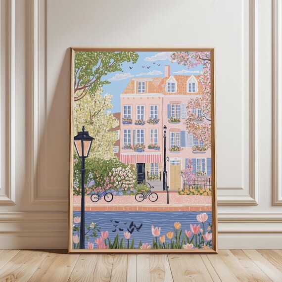 Amsterdam Canal Spring Tulips Bicycles Pink Houses Netherlands Poster