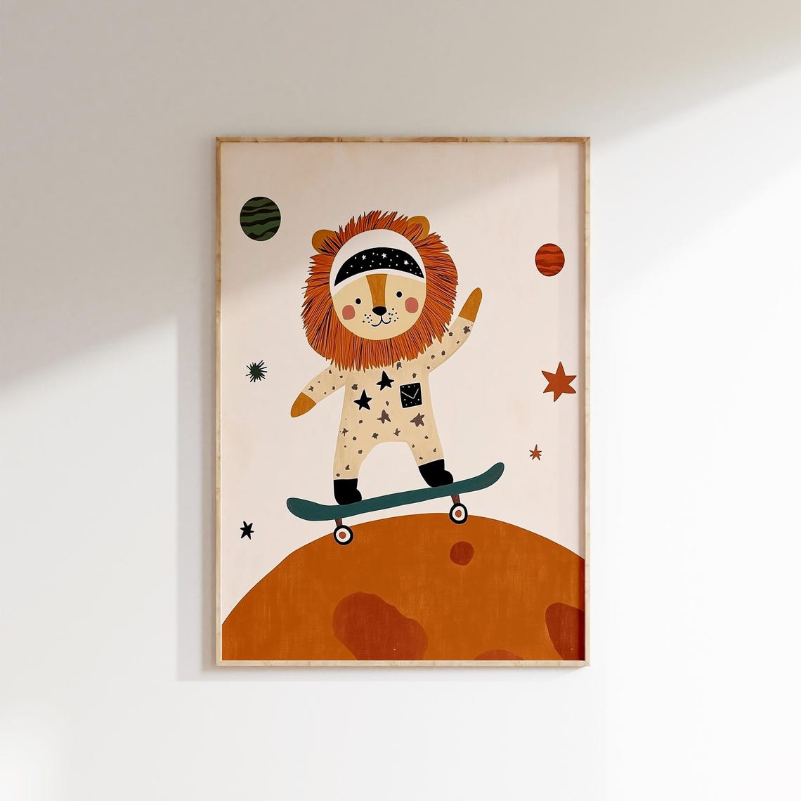Lion In Space Helmet Skateboarding On Mars Kids Space Nursery Poster