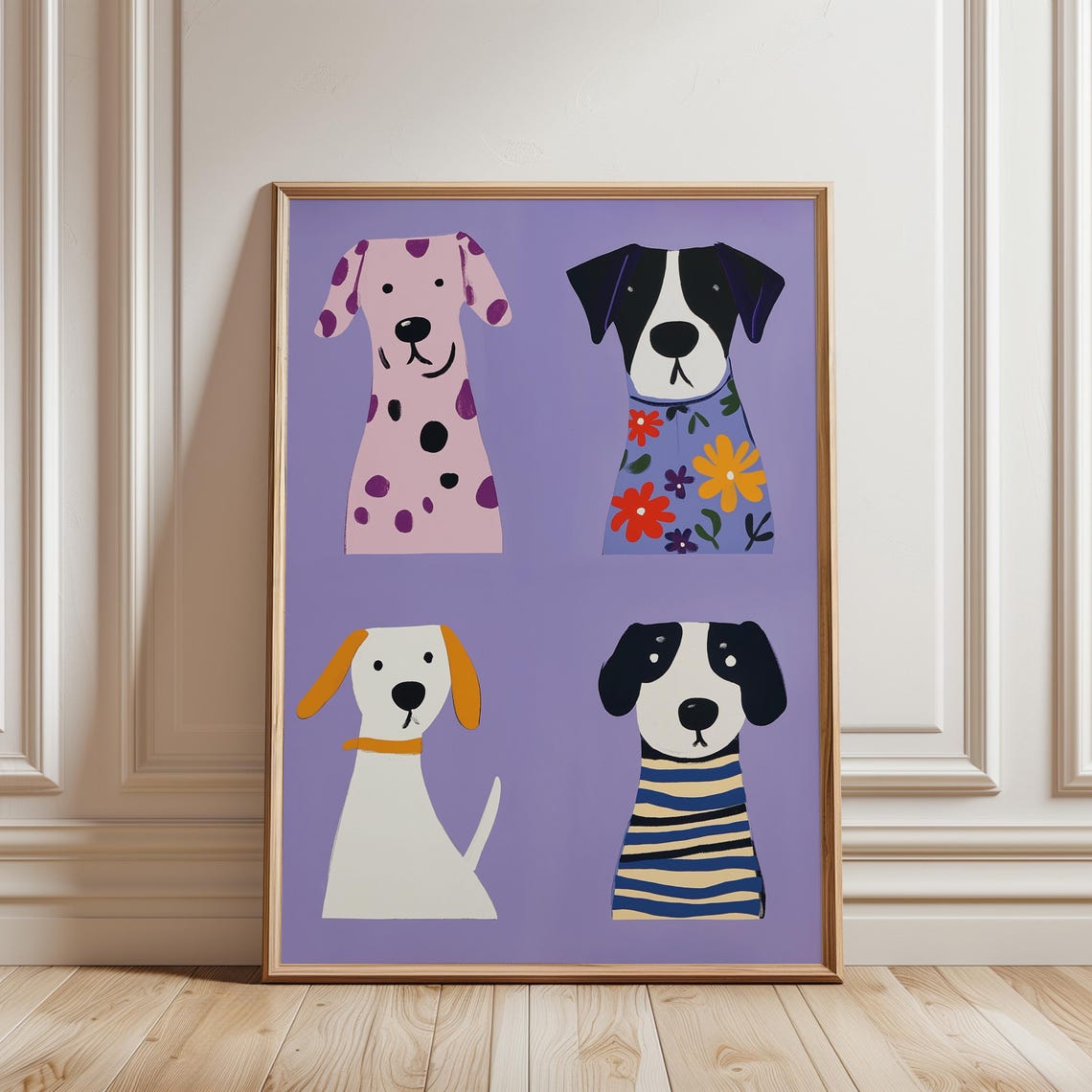 Whimsical Dog Print Four Floral Spotted Pups Lavender Nursery Poster