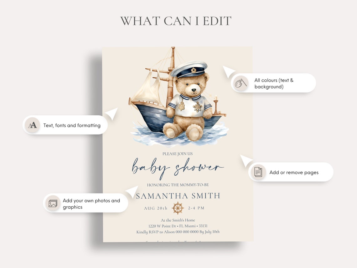 Nautical Sailor Teddy Bear Baby Shower Invitation Template Print - Image 2