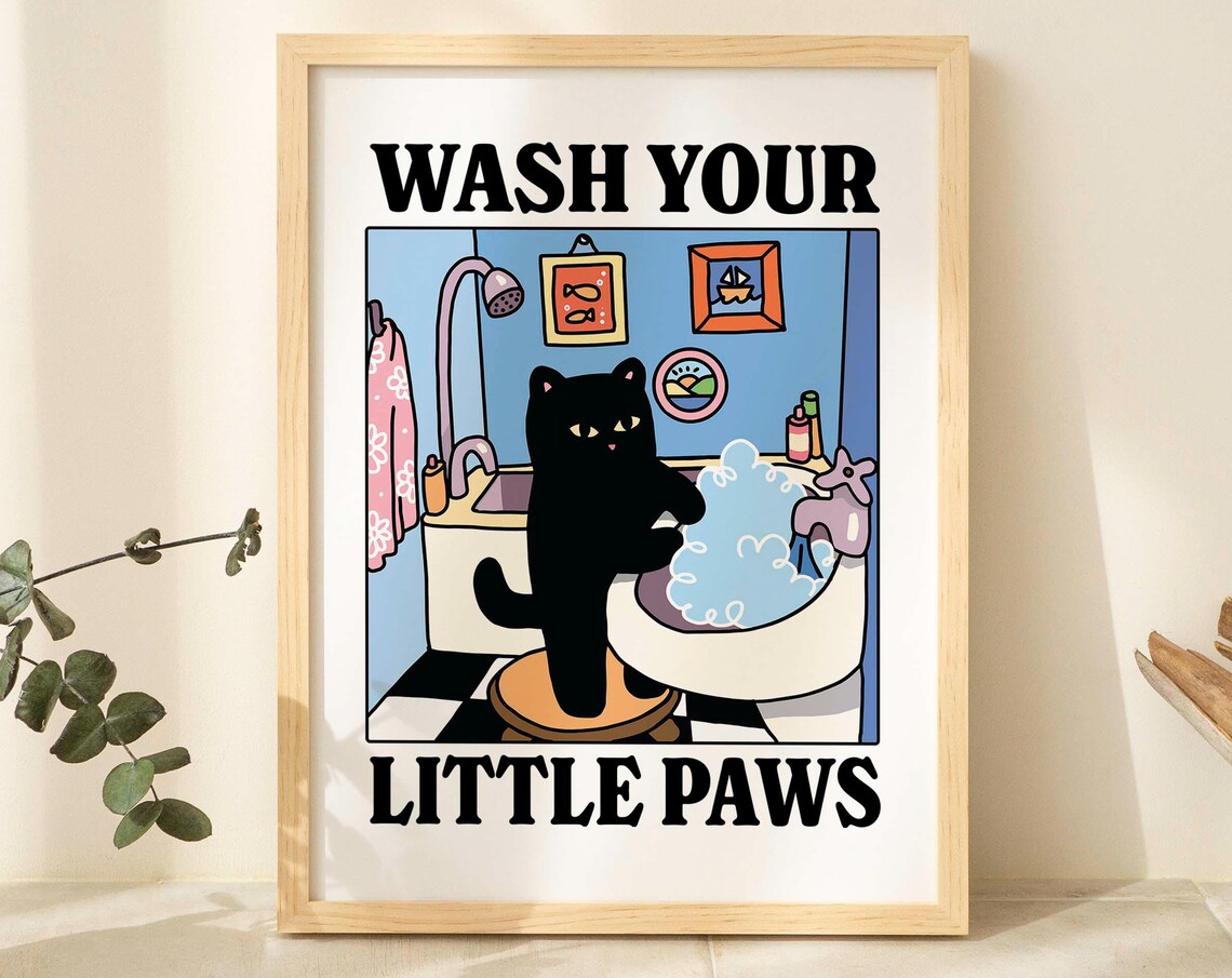 Wash Your Paws Cat Print, Retro Bathroom Poster