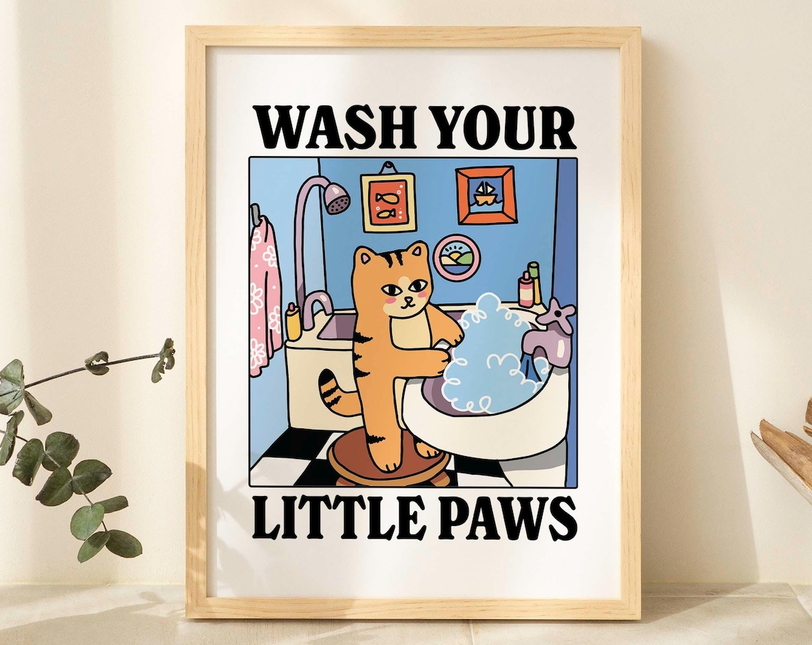 Wash Your Paws Orange Cat Poster, Retro Bathroom Decor