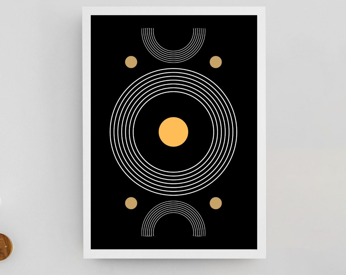Mid Century Celestial Rings Geometric Black Gold Modern Decor Poster