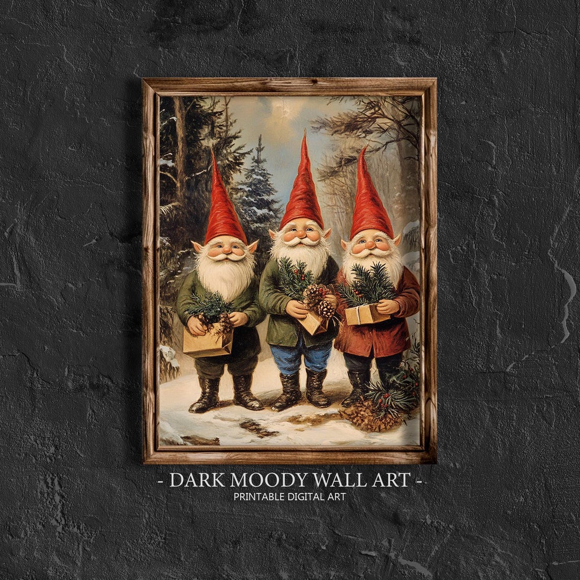 Christmas Gnomes Snowy Forest Trio Vintage Winter Painting Poster