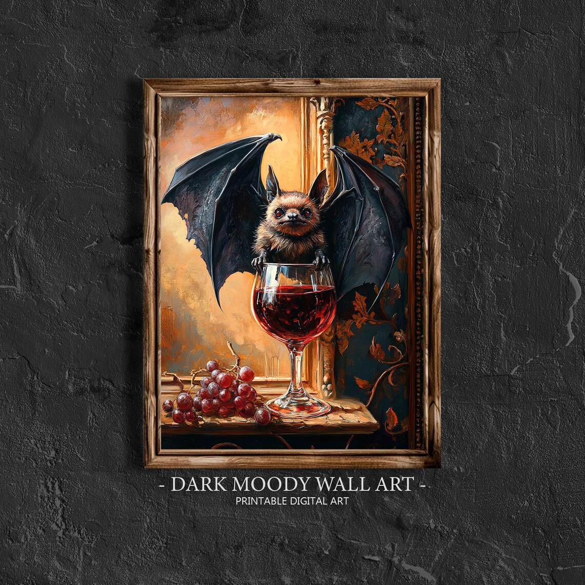 Cute Little Bat Sitting in Wine Glass Grapes Funny Gothic Art Poster