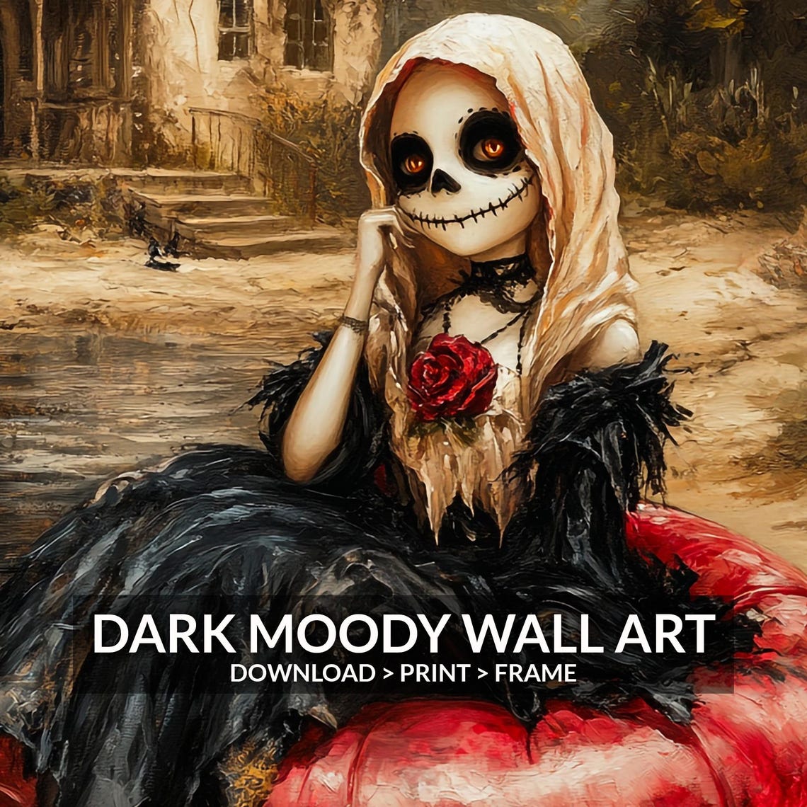 Skeleton Bride Red Rose Pool Float Moody Gothic Halloween Wall Art - Image 4
