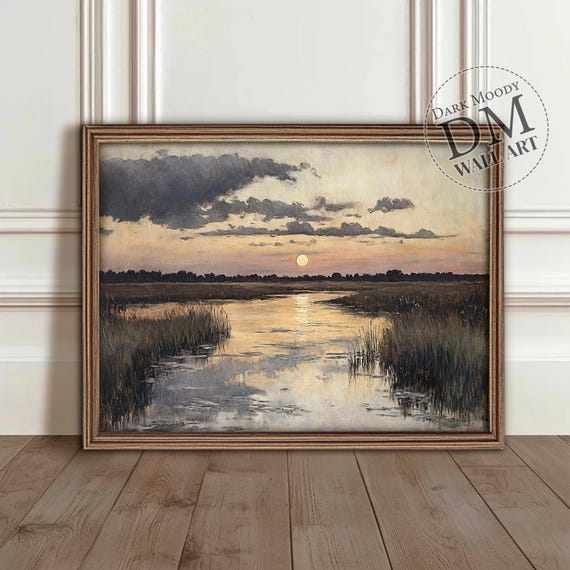 Moonlit Sunset River Wall Art Moody Evening Landscape Print