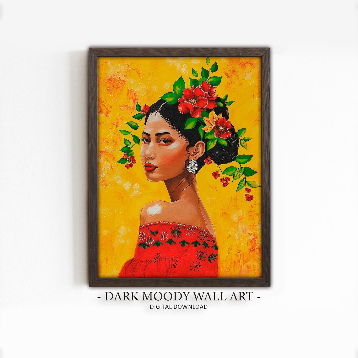 Latin Woman Floral Crown Portrait Red Dress Golden Background Wall Art