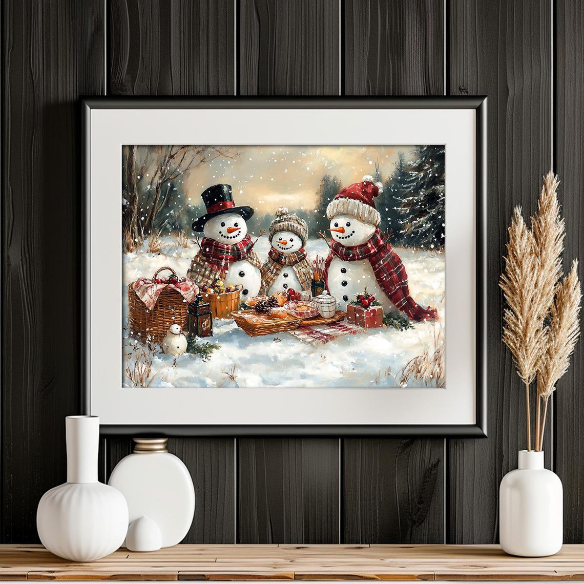 Snowman Family Winter Picnic Snowy Forest Christmas Scene Wall Art - Image 3