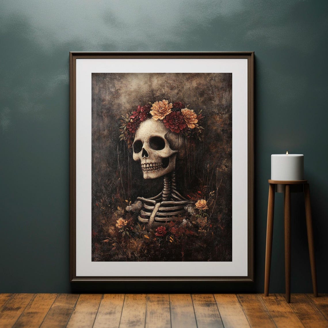 Skeleton Wearing Flower Crown Dark Romance Gothic Halloween Art Poster - Image 2