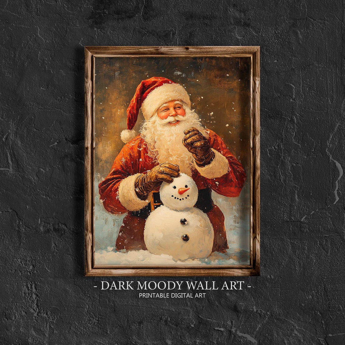 Santa Claus Building Snowman Snow Night Christmas Art Poster