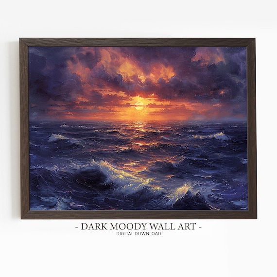 Fiery Sunset Ocean Waves Dramatic Purple Sky Moody Seascape Poster