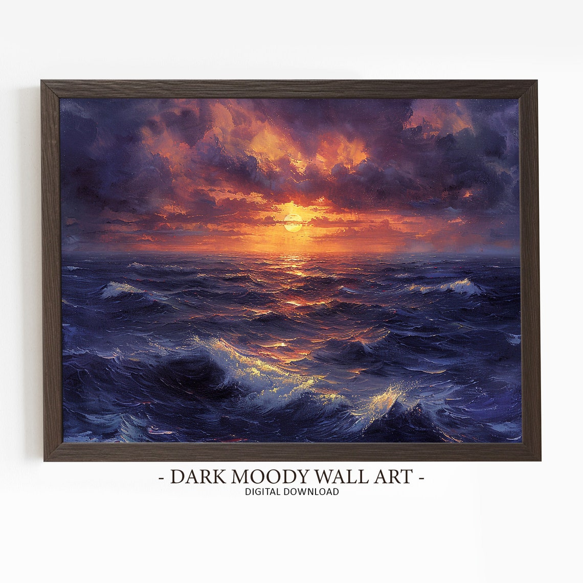 Fiery Sunset Ocean Waves Dramatic Purple Sky Moody Seascape Poster