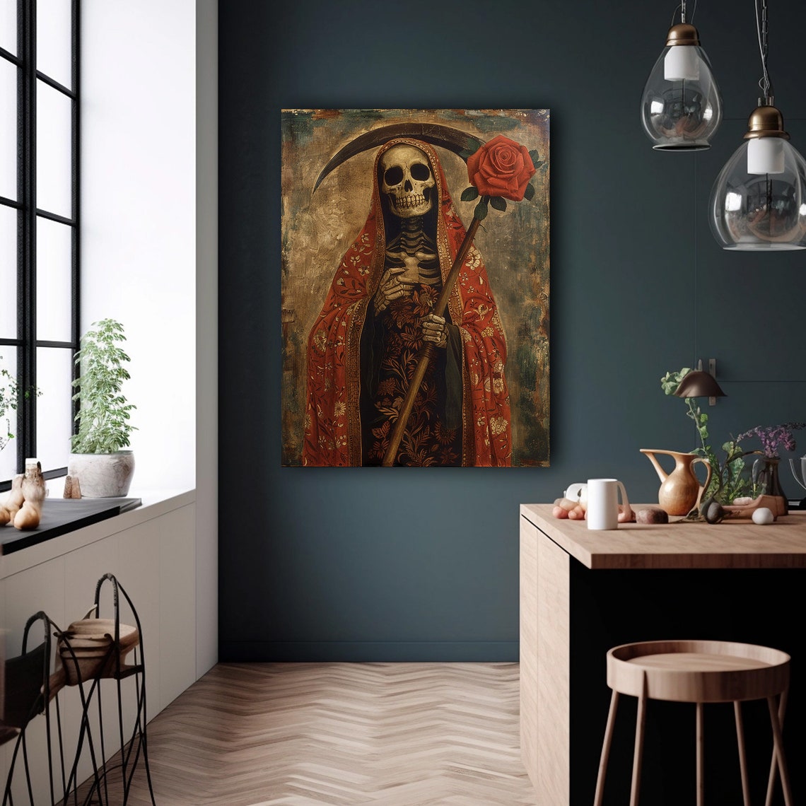 Santa Muerte Skeleton in an Embroidered Red Robe with Scythe Poster - Image 2