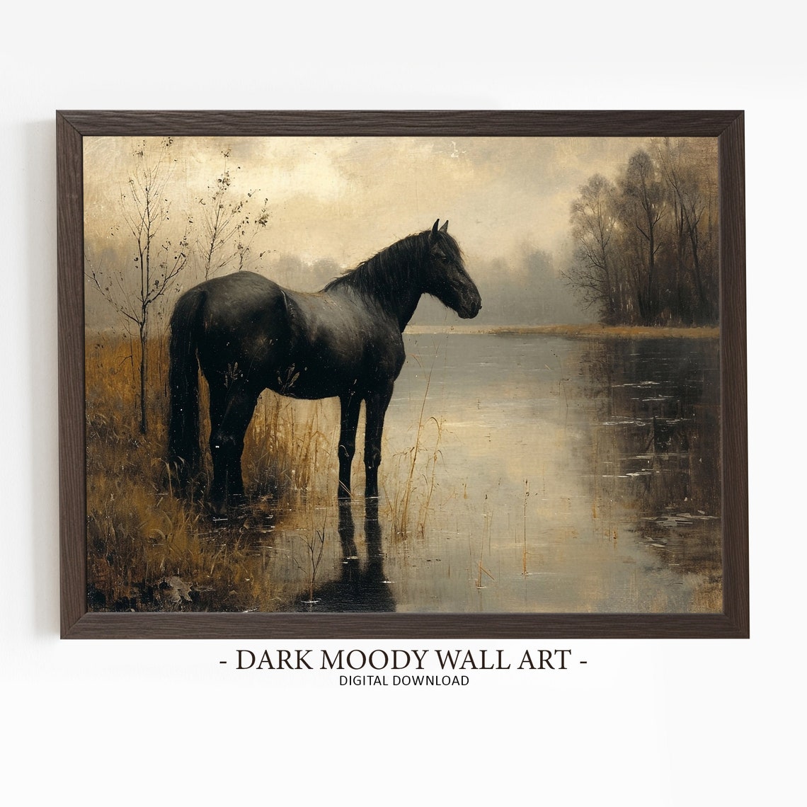 Black Horse Standing In Marsh Water Dark Moody Equine Painting Poster