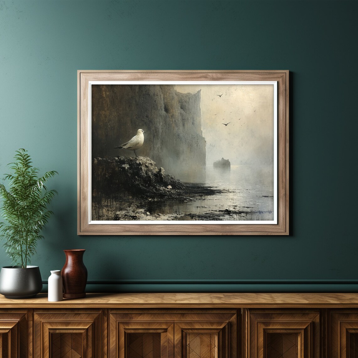 Lone Seagull on Rocky Shore Misty Sea Cliffs Dark Moody Seascape Painting Poster - Image 6