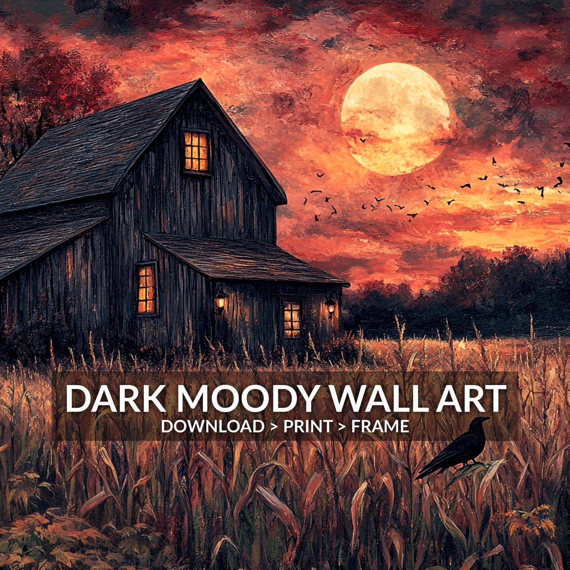 Halloween Barn Full Moon Crows Spooky Night Moody Farm Harvest Poster - Image 6