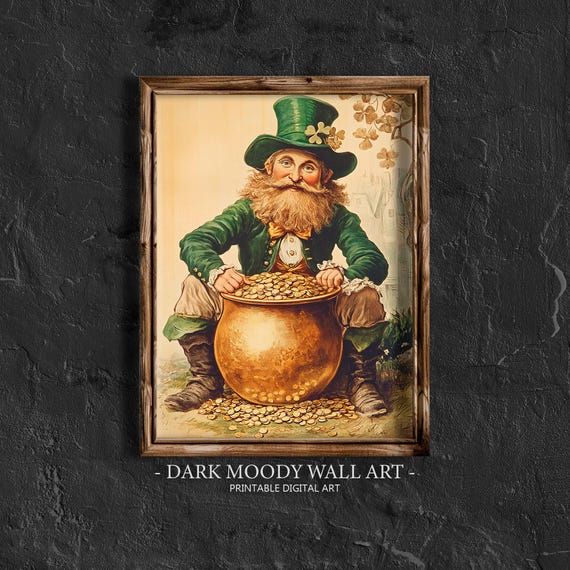 Leprechaun With Pot Of Gold Print Vintage St Patricks Day Decor Rustic Irish Painting