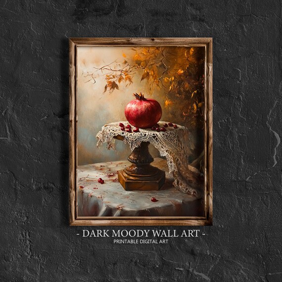 Pomegranate On Lace Pedestal Autumn Fruit Still Life Wall Art