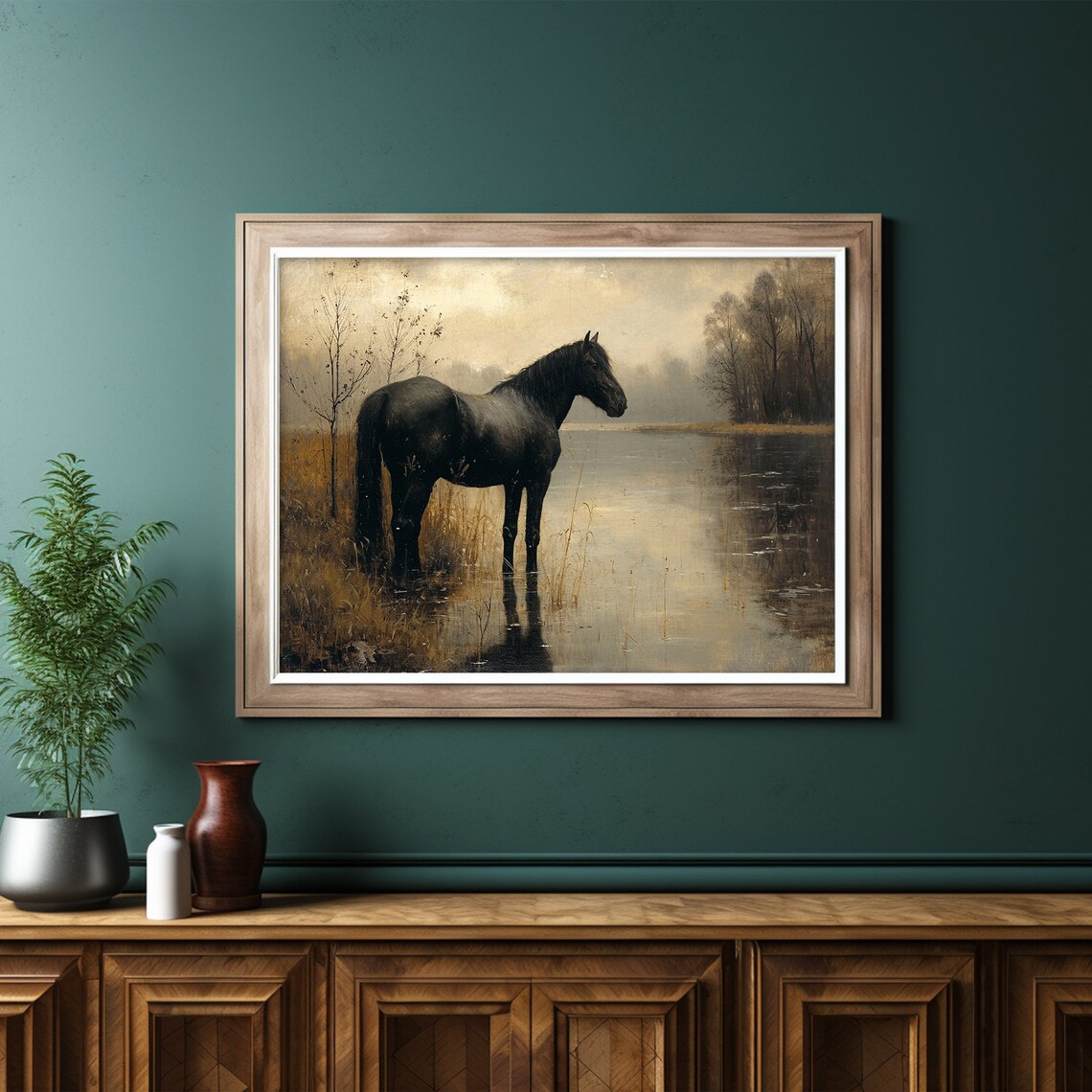 Black Horse Standing In Marsh Water Dark Moody Equine Painting Poster - Image 2