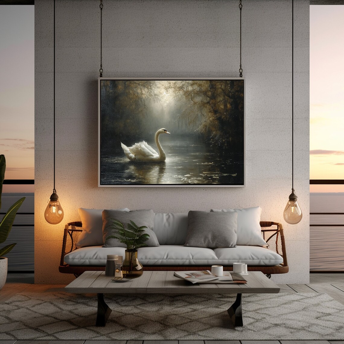 White Swan Art Print, Moody Rustic Landscape - Image 3